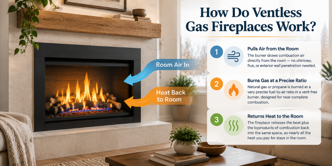 How do ventless gas fireplaces work