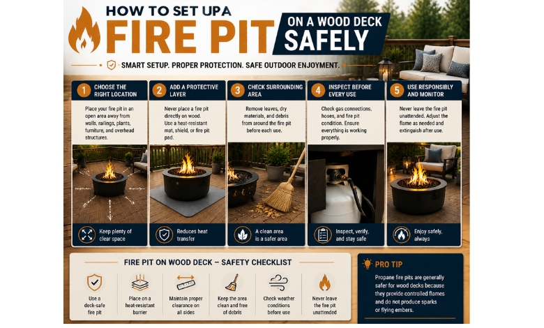 how to set up a fire pit on a wood deck safely