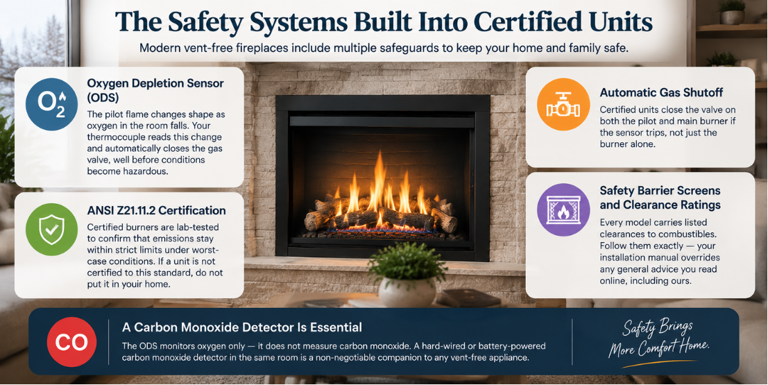 Safety systems built into certified ventless gas fireplaces
